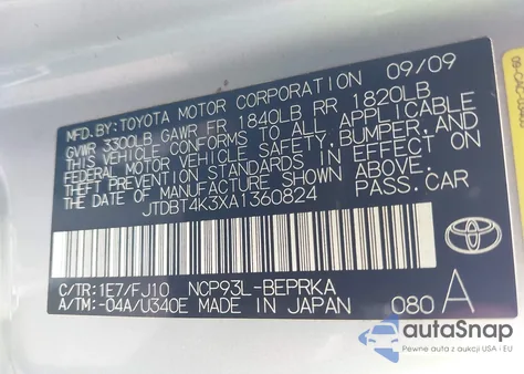 2010 Toyota Yaris z USA, uszkodzony, nr VIN JTDBT4K3XA1360824